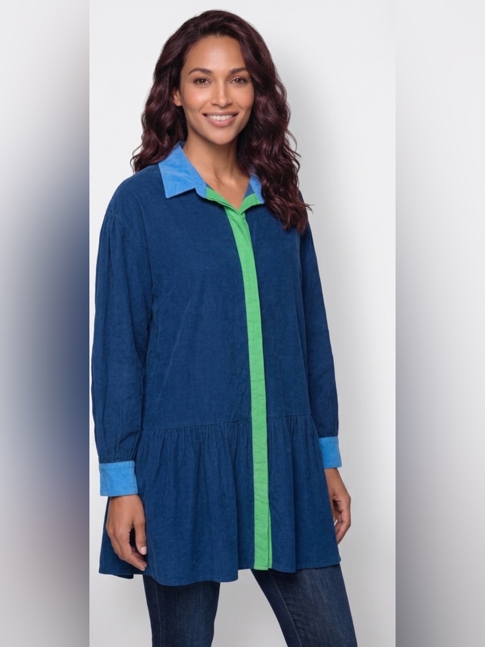 Button-Front Navy Blue Tunic Top with Green Trim